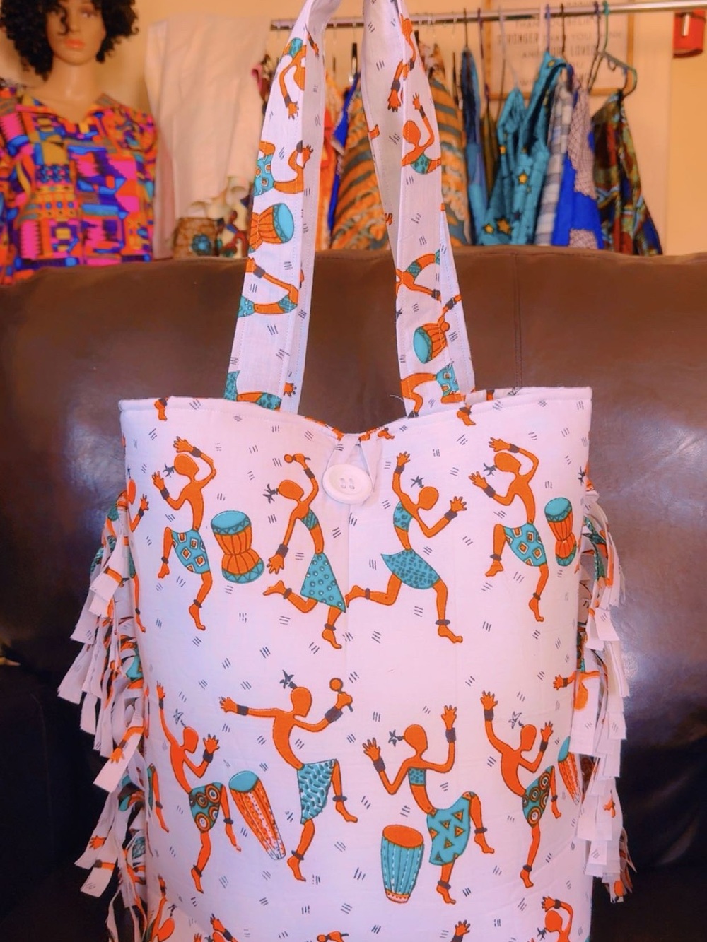 White Canvas Tote with Orange & Teal Dance Print